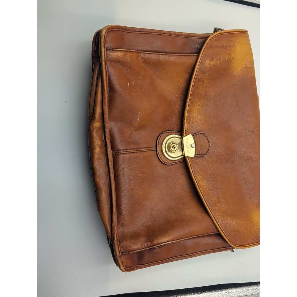 Hidesign Vintage Brown Leather Briefcase Plaid Lining Brass Hardware Messenger